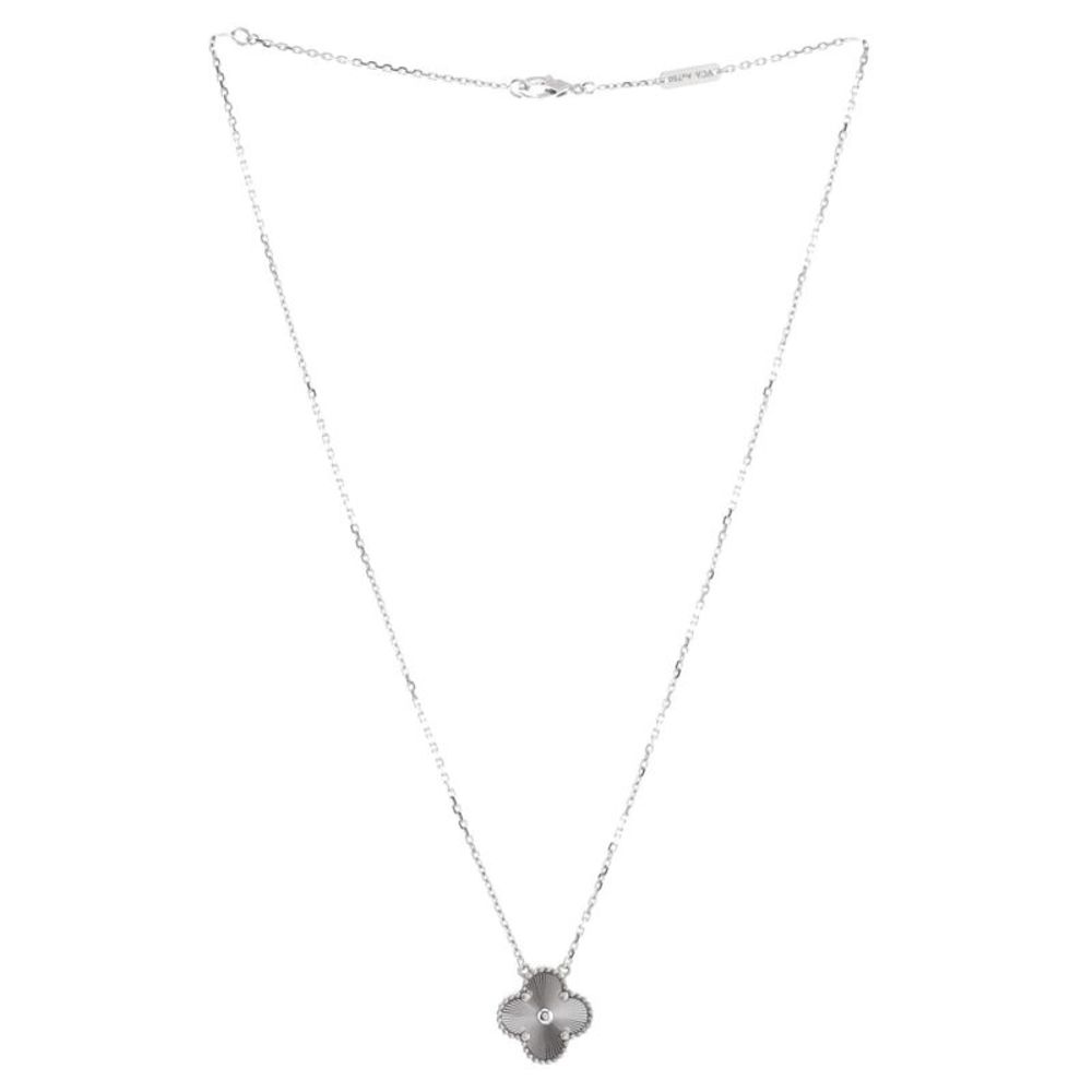 Van Cleef & Arpels Vintage Alhambra Pendant Necklace Guilloche 18K White Gold - - Picture 3 of 4